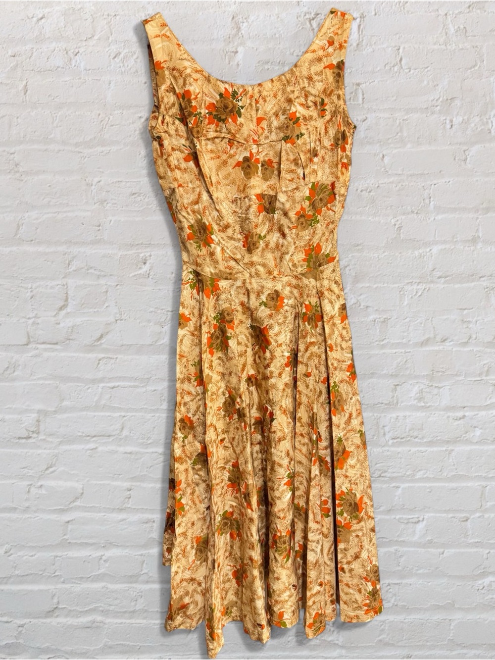 Vintage 50s MCM Floral Fit & Flare Dress w/ Earth Tones Tea Length Handmade XXS
